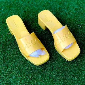 Yellow Gucci Rubber Heels, Women size 8. With BOX, Dust Bag, and little card.